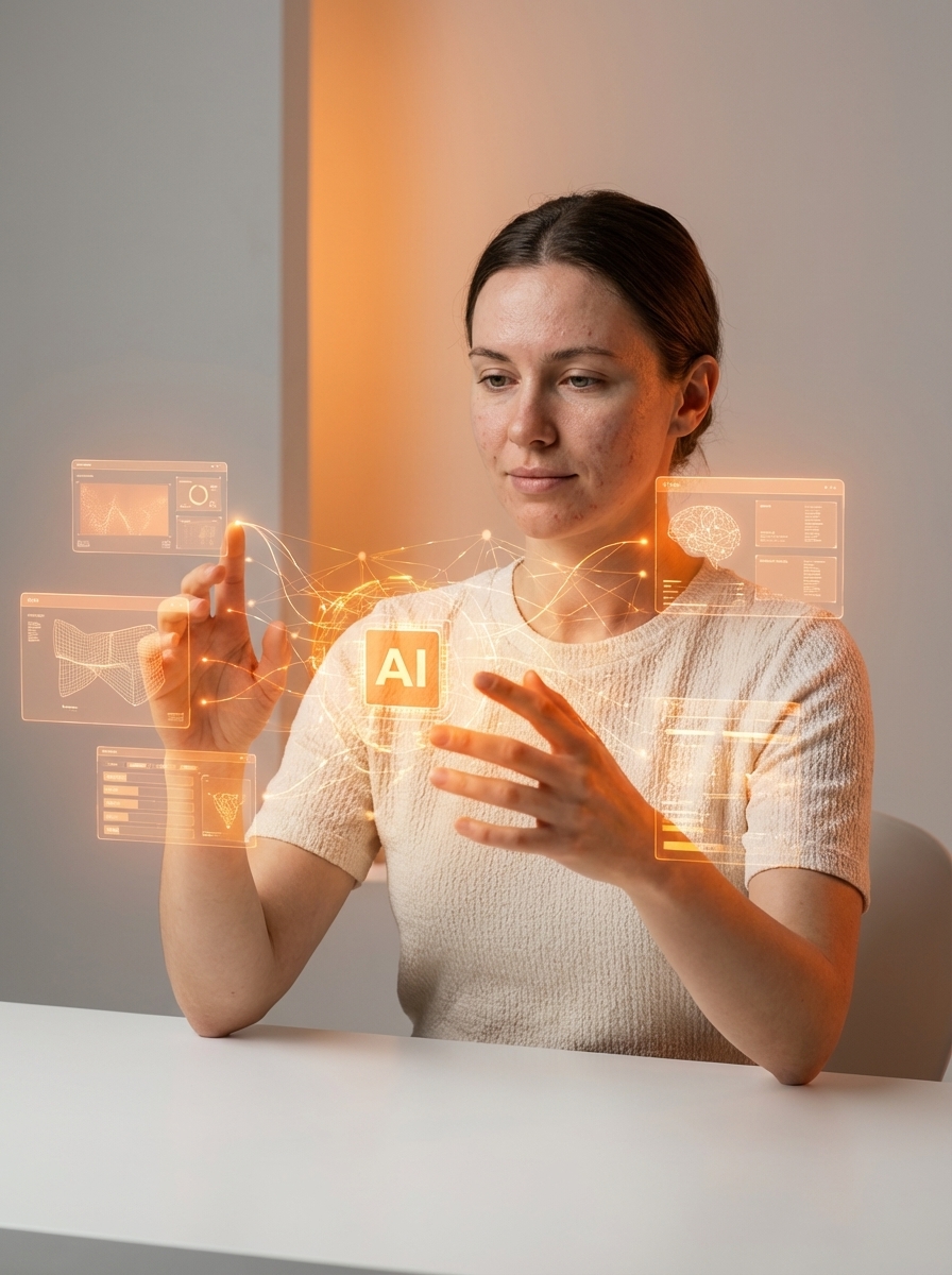 Freelancerin arbeitet mit KI-Interface