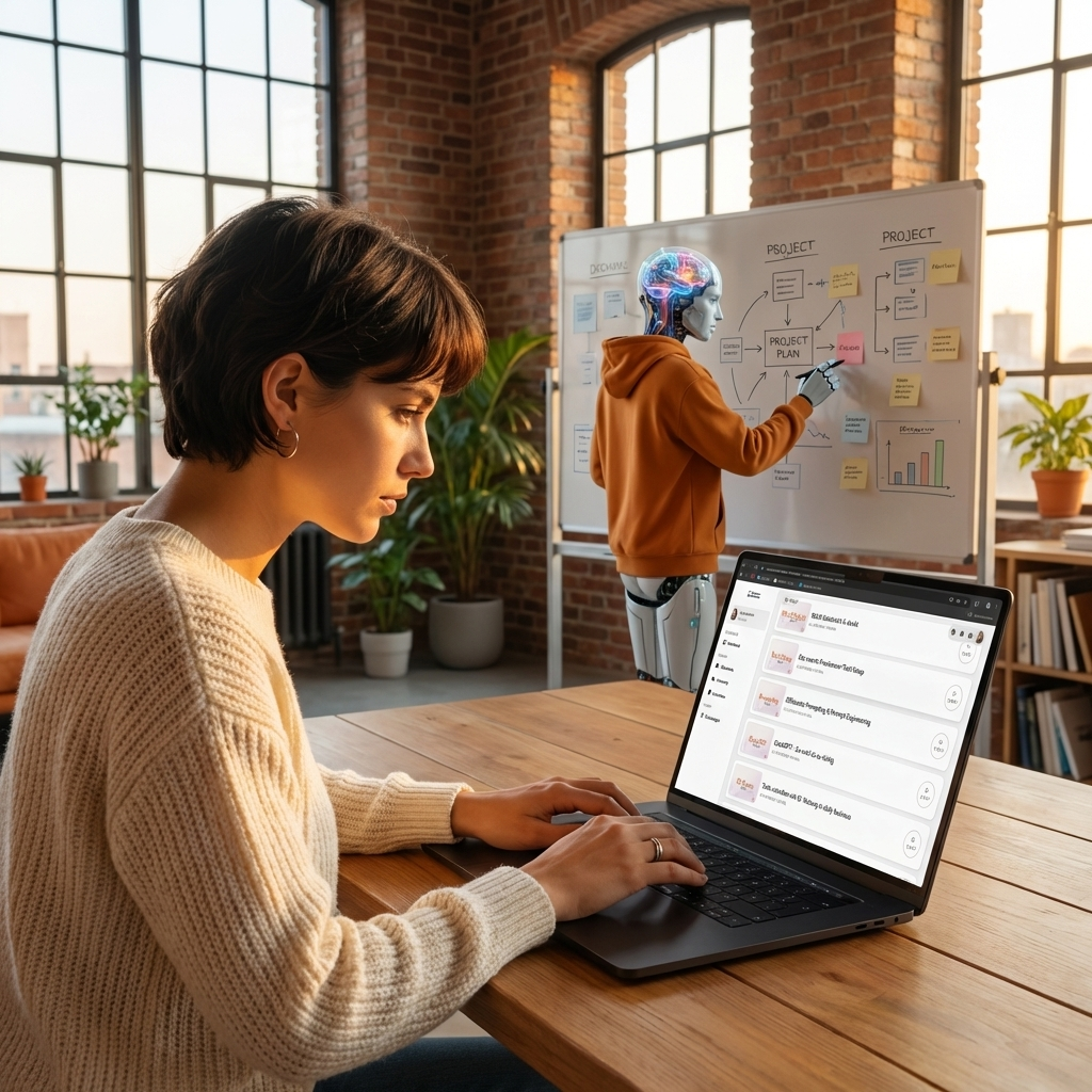 Freelancerin arbeitet mit KI-Assistent an Projektplanung
