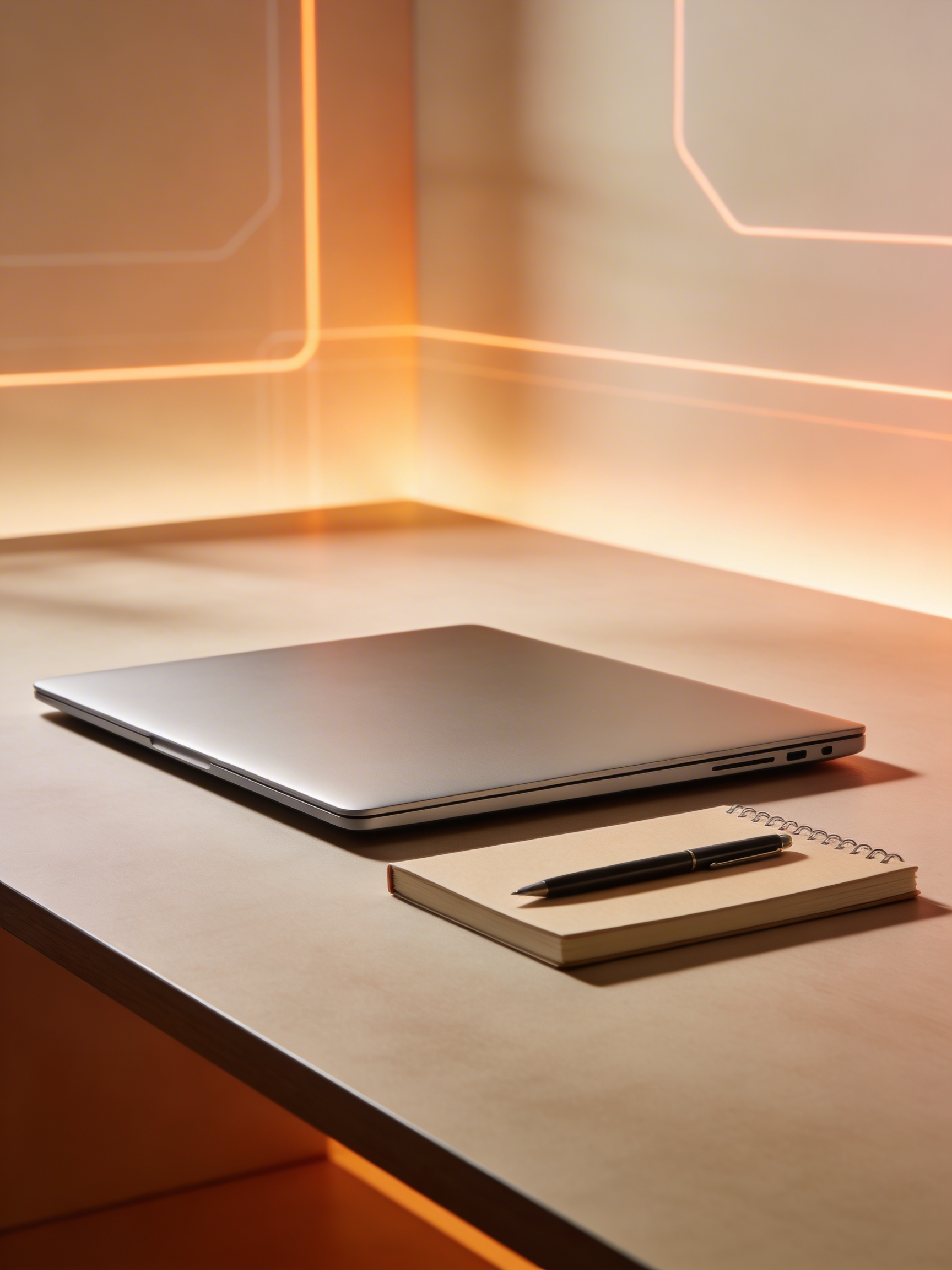 Laptop und Notizbuch auf einem Schreibtisch, warmes Licht