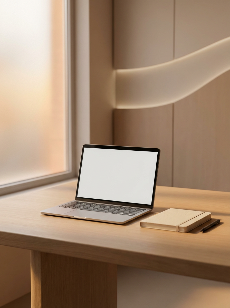 Laptop am Fenster, ruhiger fokussierter Arbeitsplatz