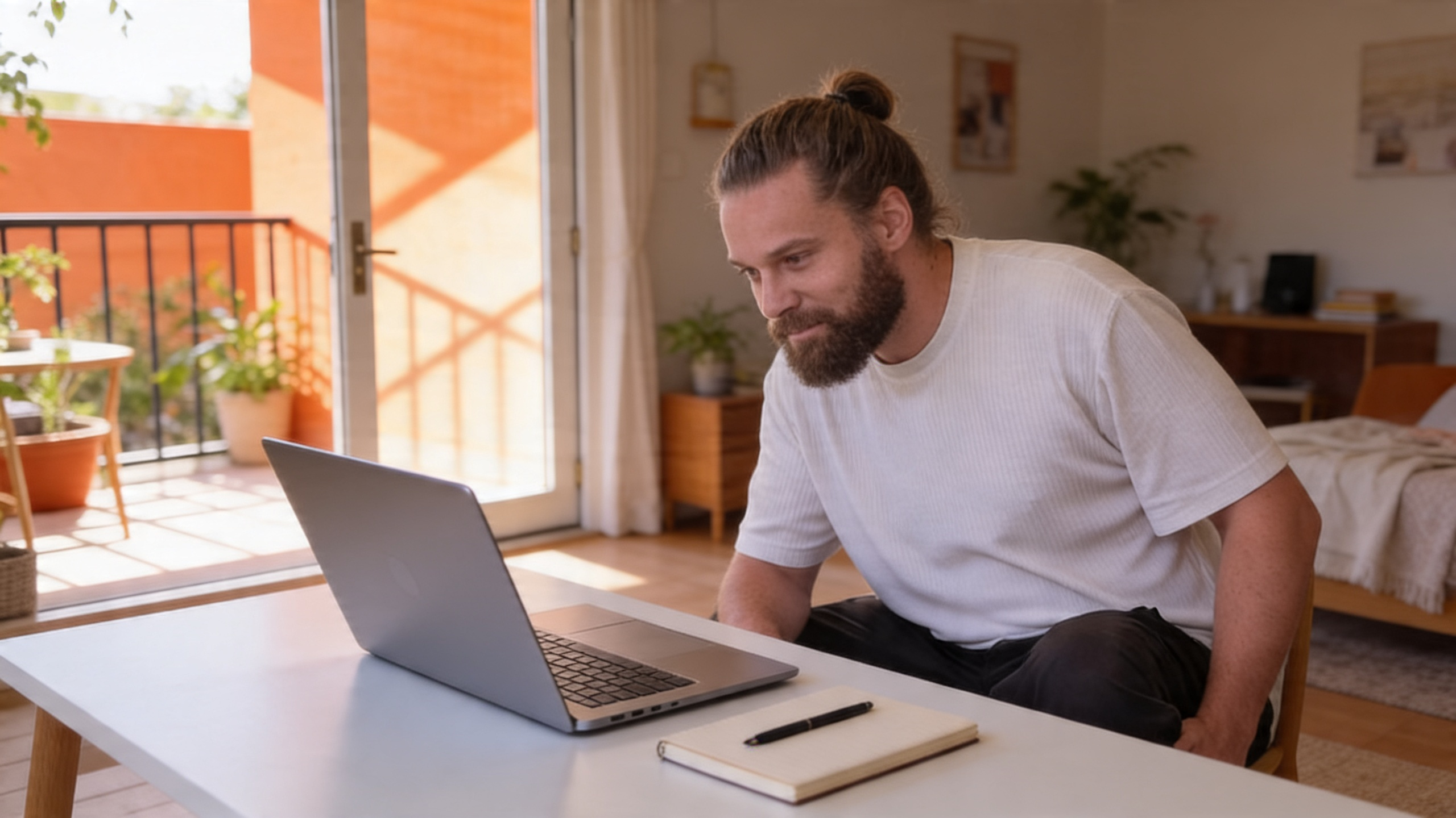 Freelancer konzentriert am Laptop in warmem Arbeitsraum